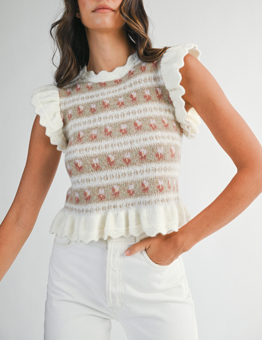Poteet Jacquard Ruffle Knit Sweater in Cream