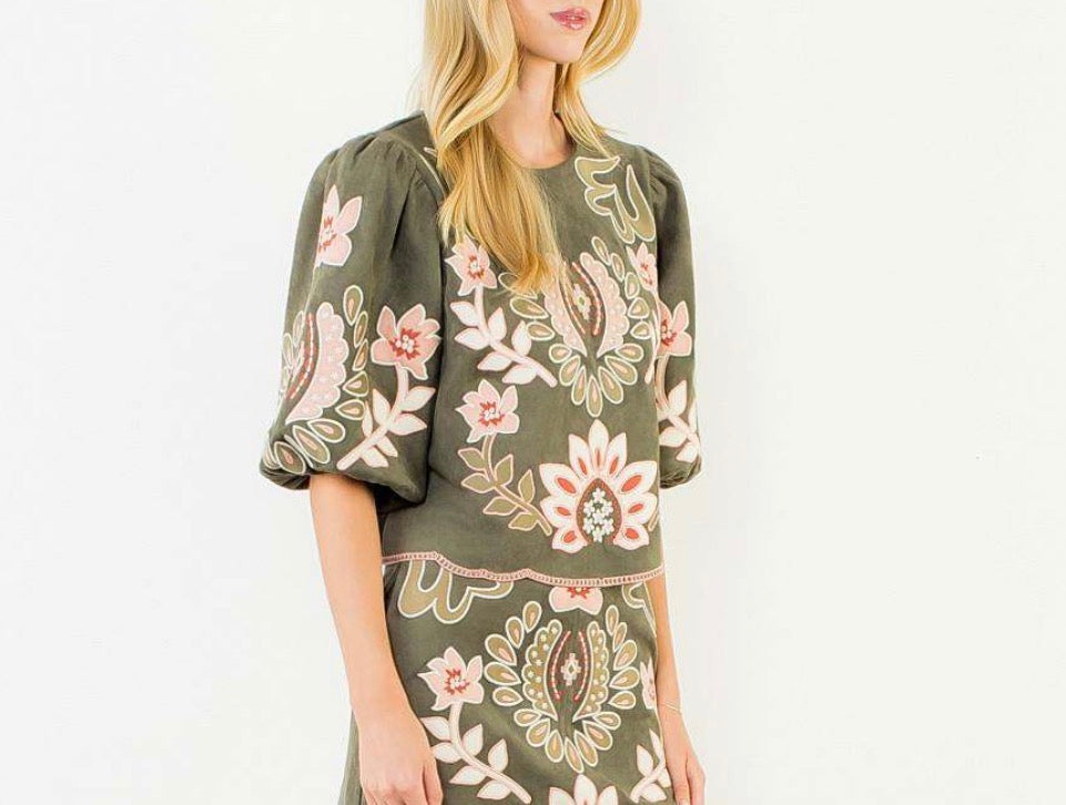 Vernon Suede Embroidered Blouse in Olive