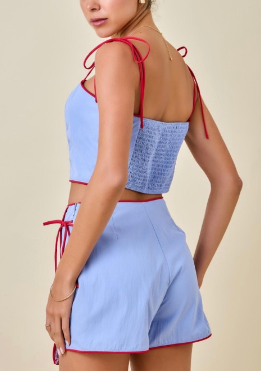 Vallie Cami & Skort Set in Light Blue With Red Piping