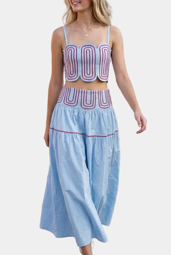 Posie Contrast Stitch Top & Skirt Set in Light Blue Red