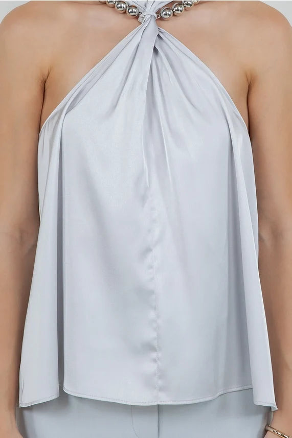Maya Halter Neck Satin Top in Silver