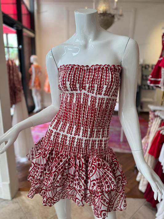 Ellie Strapless Eyelet Dress in Red