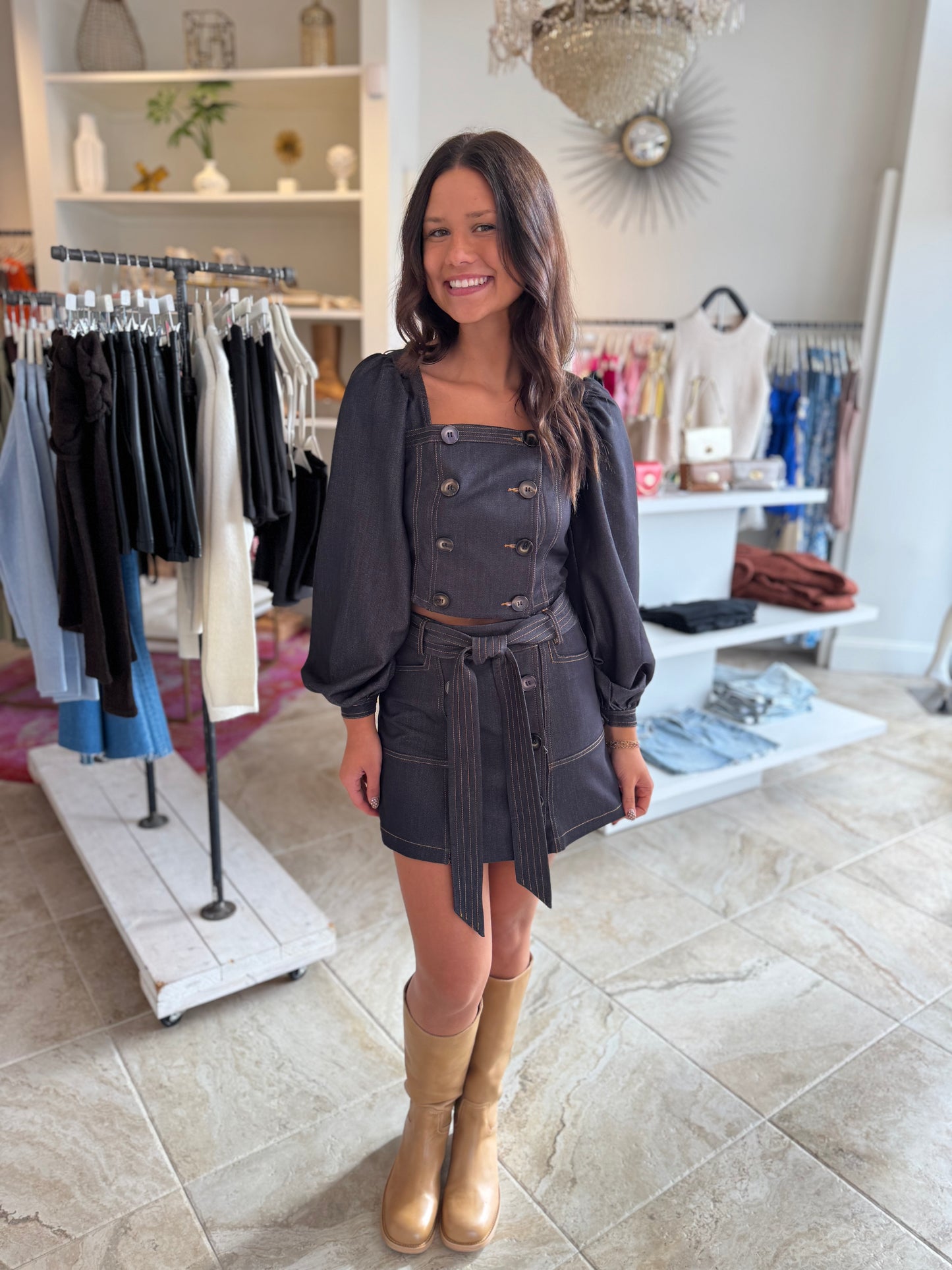 Ciebon Denim Button Down Top and Skirt Set