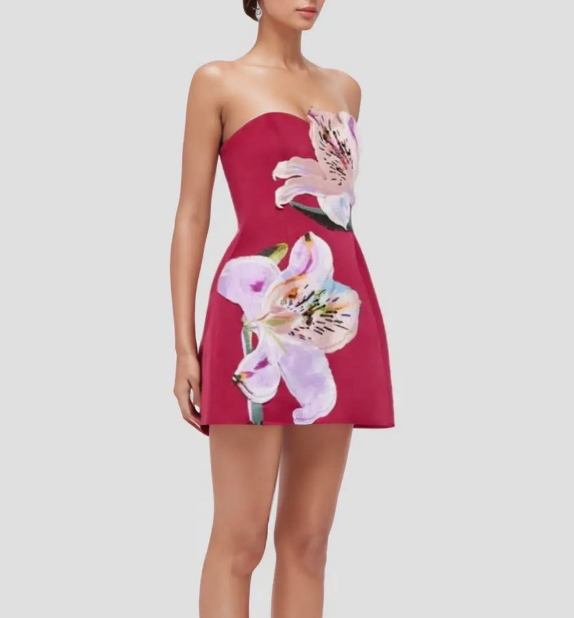 Lizzy Strapless Floral Mini Dress in Red