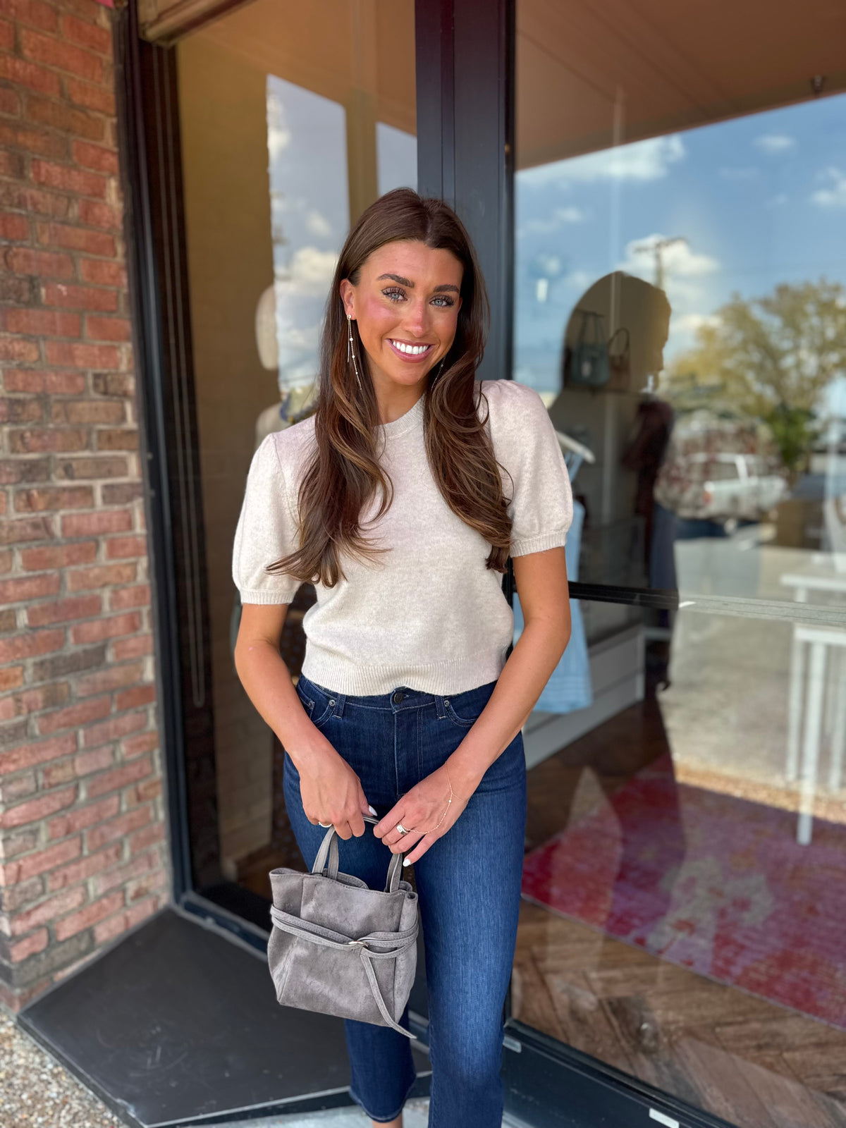 French Connection Yulia Knit Puff Sleeve Top in Oatmeal