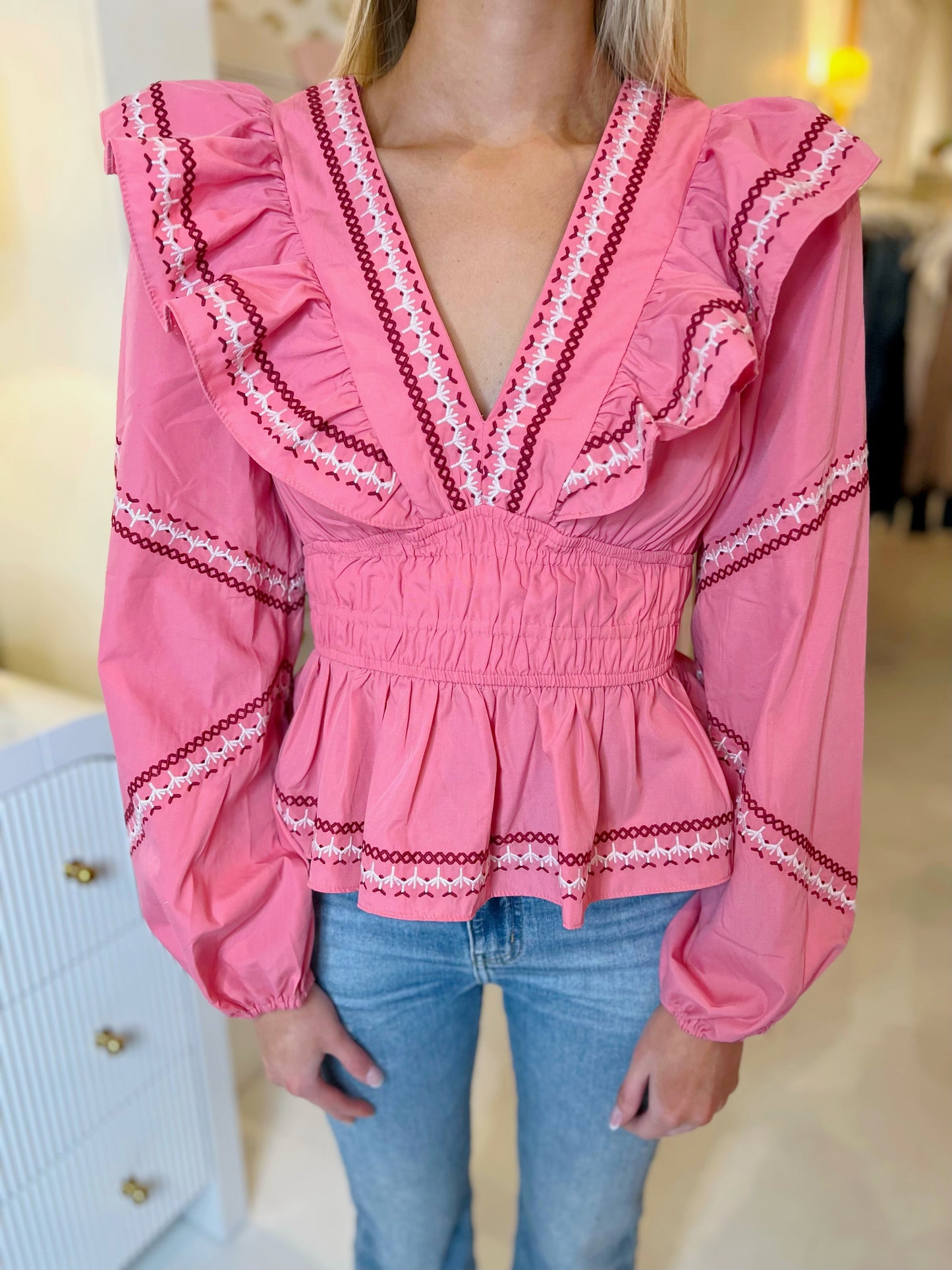 Camille Embrodiery Ruffled Long Sleeve Blouse