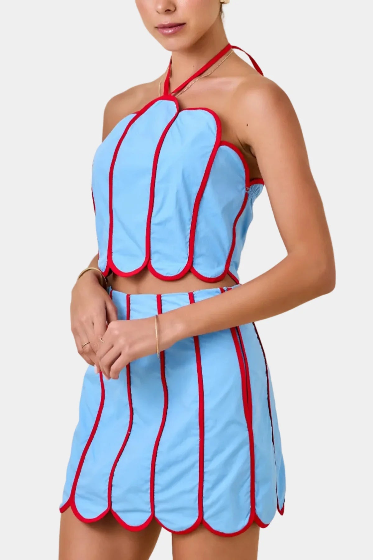 Reena Contrast Binding Scallop Halter Top & Skirt Set in Light Blue / Red