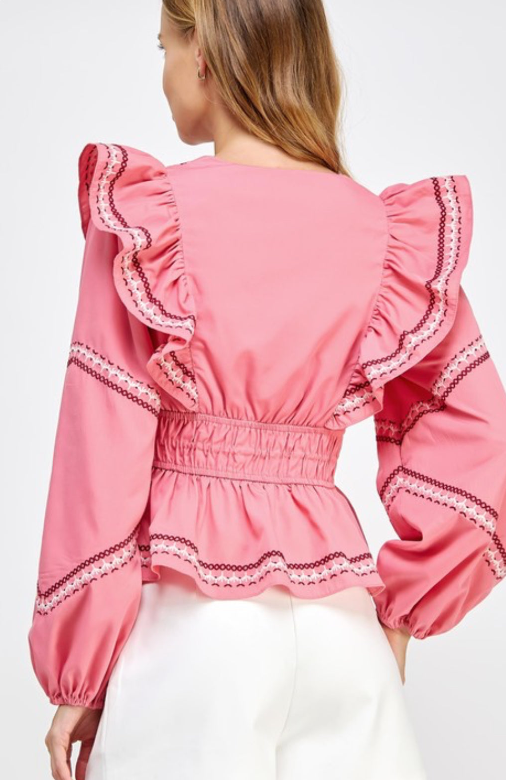 Camille Embrodiery Ruffled Long Sleeve Blouse