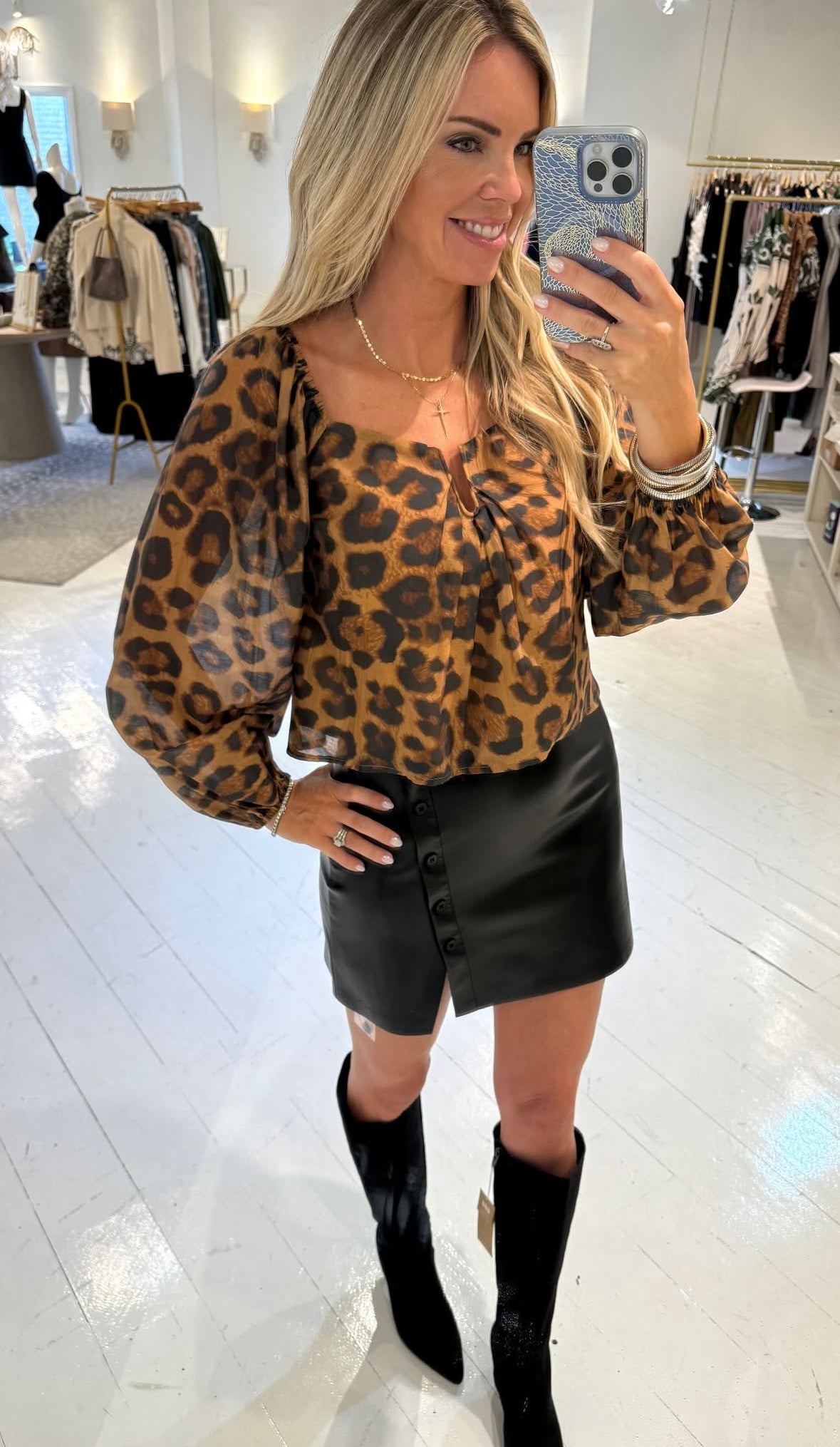 Ciebon Animal Print Puff Sleeve Blouse