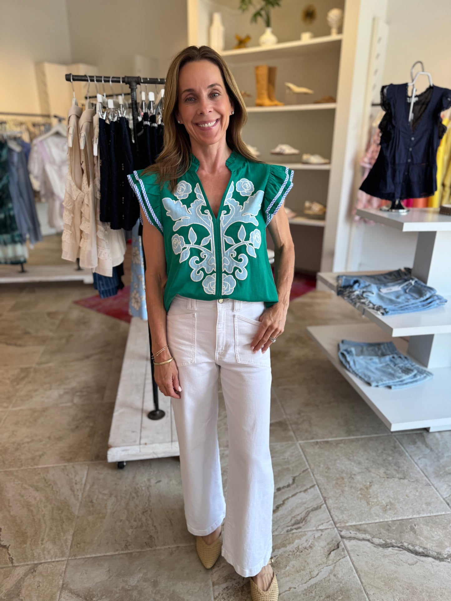 Glenda Embroidered Top in Green