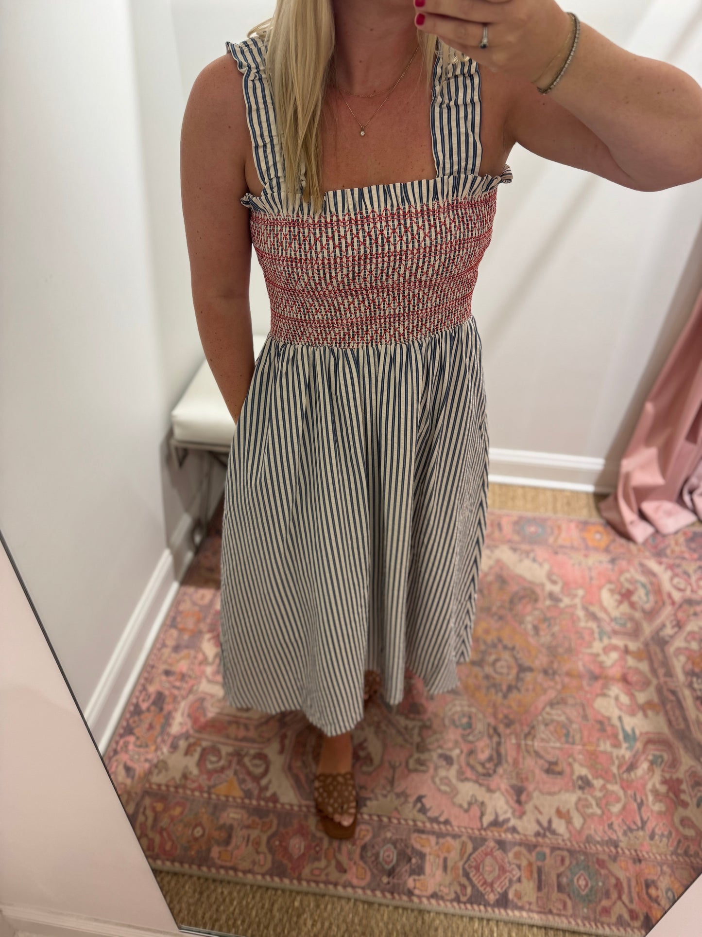 Jackson Striped Midi Dress in Blue With Red Stitching