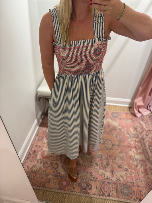 Jackson Striped Midi Dress in Blue With Red Stitching