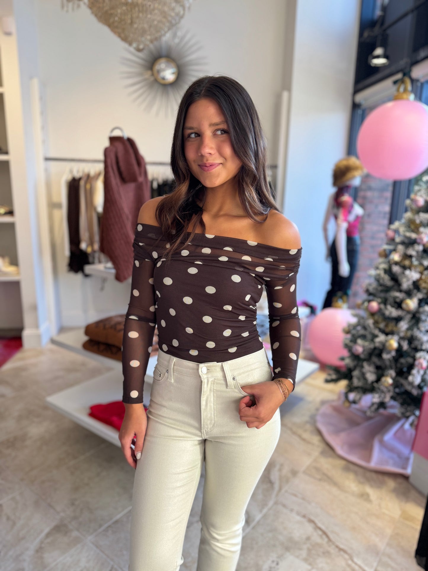 En Saison Lainey Mesh Bodysuit in Brown Ivory