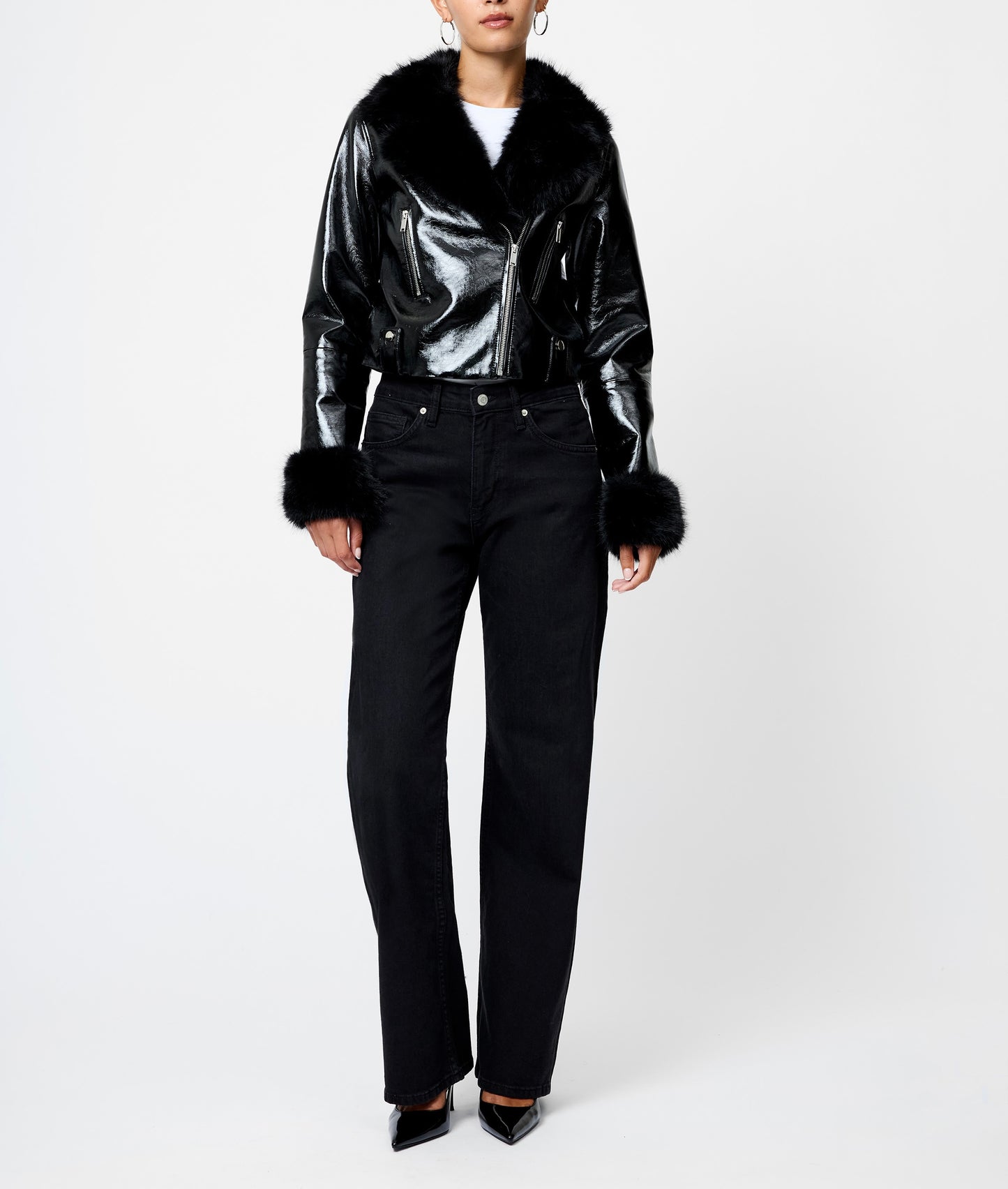 French Connection Camryn Crinkled Moto Jacket in Black