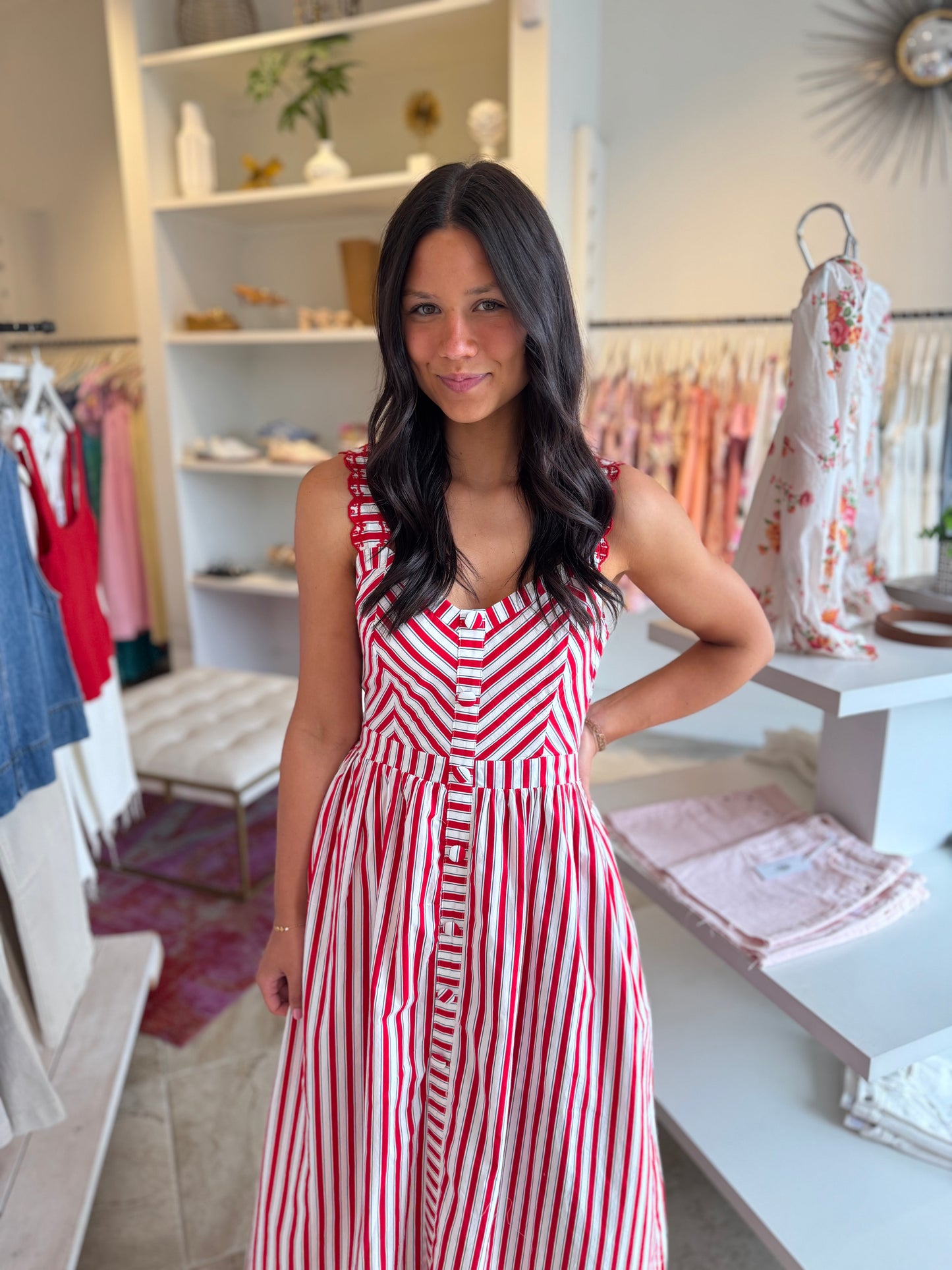 Rylee Striped Midi Dress in Red