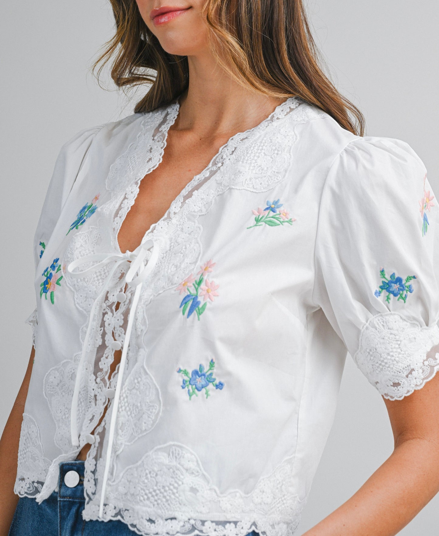 Fulton Embroidered Tie Front Top in White