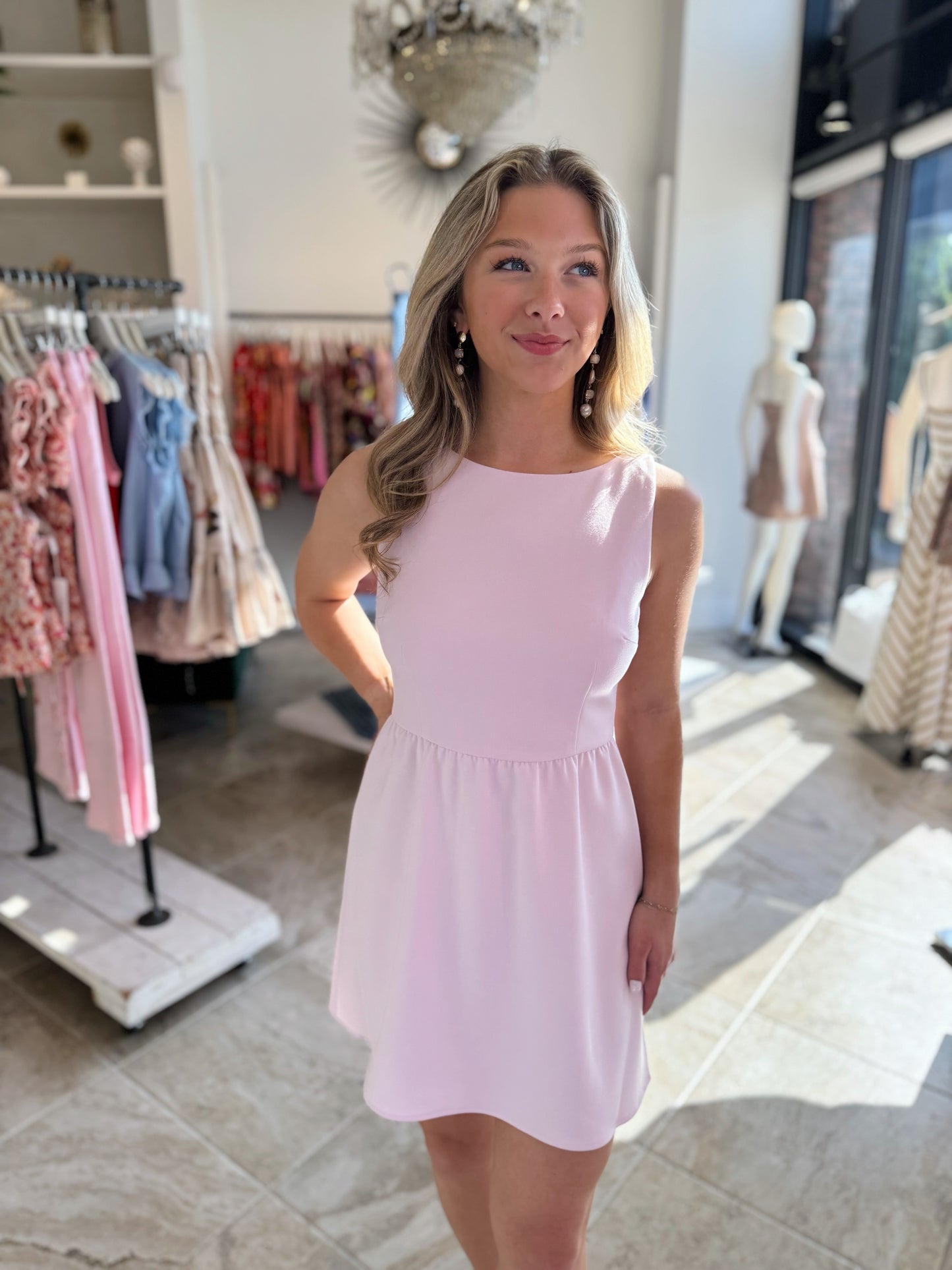French Connection Whisper Boat Neck Notch Mini Dress in Sweet Pink