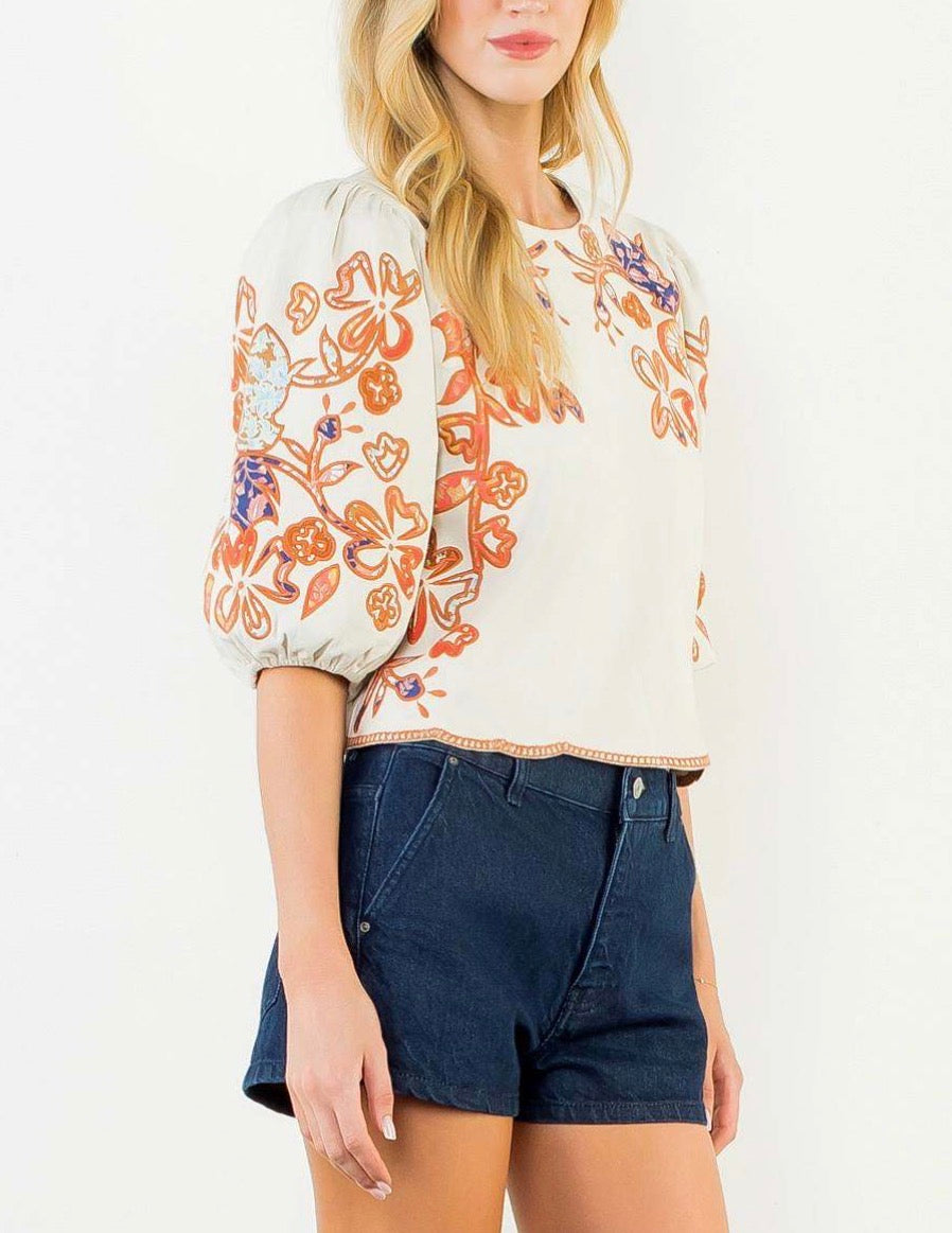 Carlie Embroidered Top in Cream