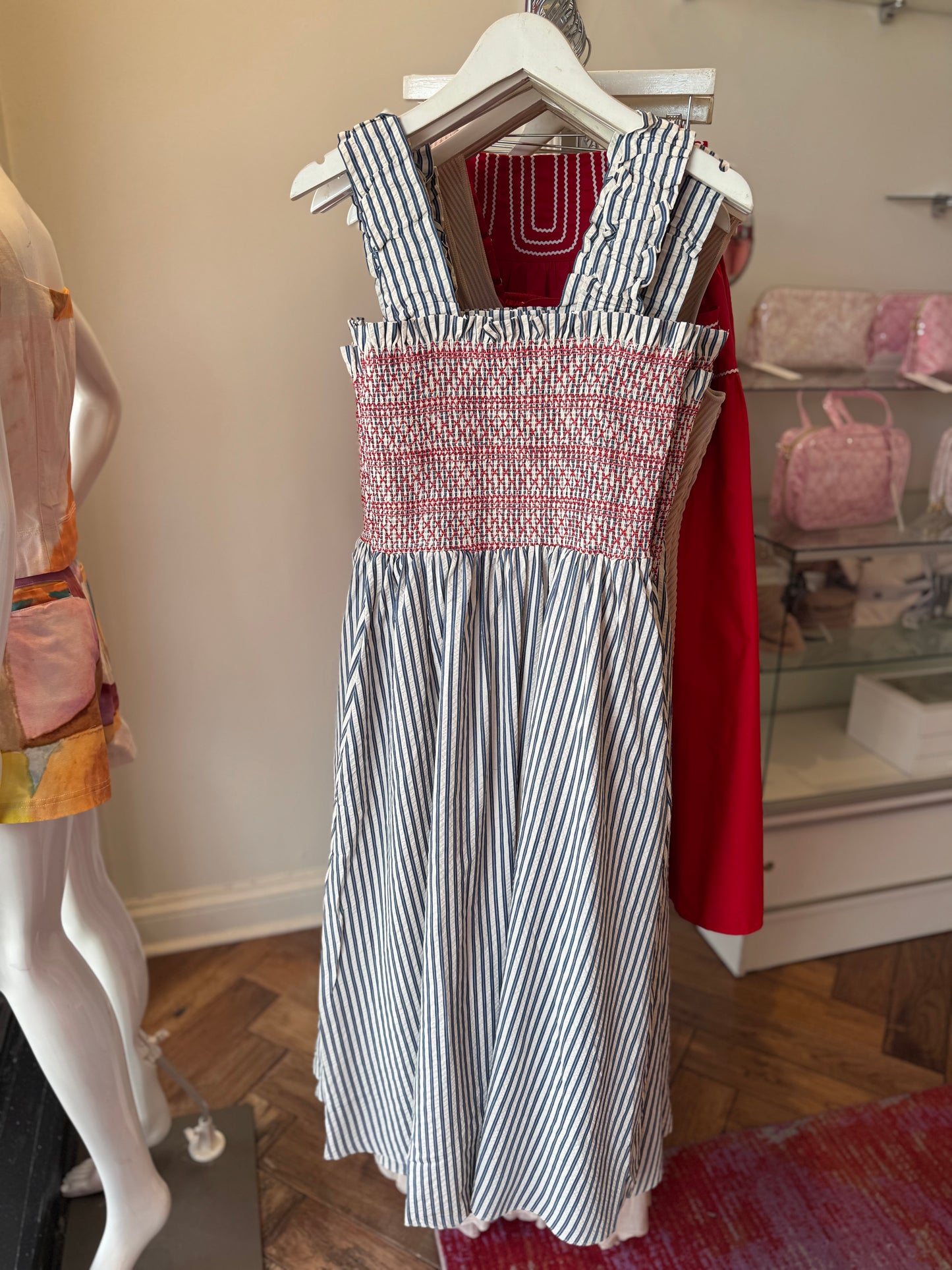 Jackson Striped Midi Dress in Blue With Red Stitching
