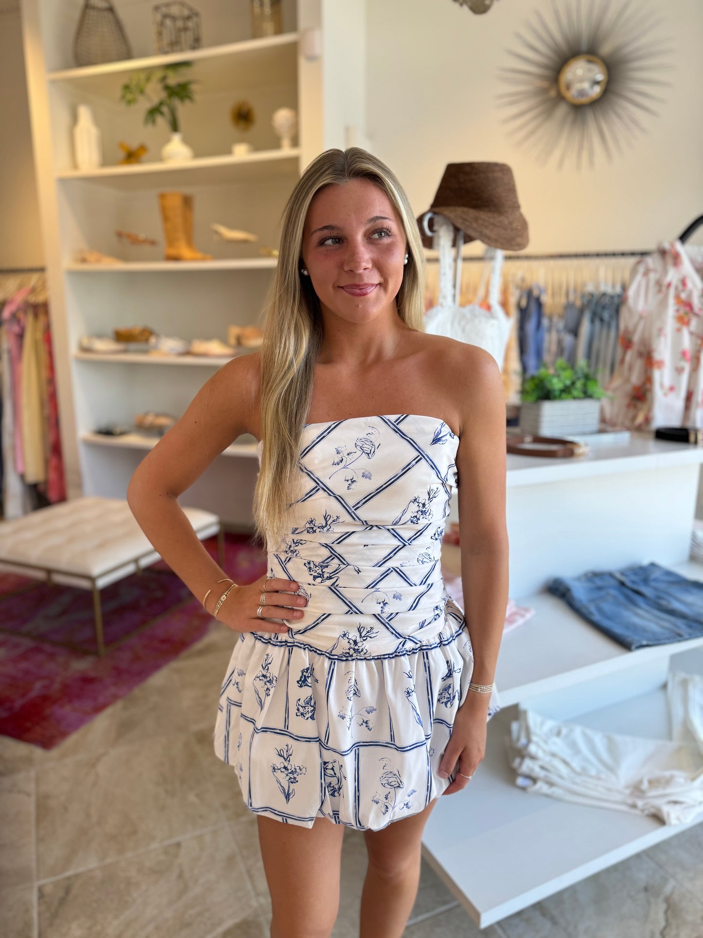 Baldock Poplin Bubble Dress in Off White Blue