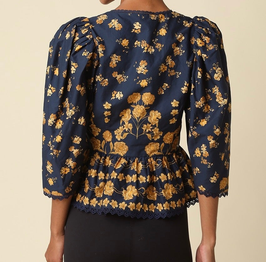 Eloise V Neck Blouse in Navy / Gold