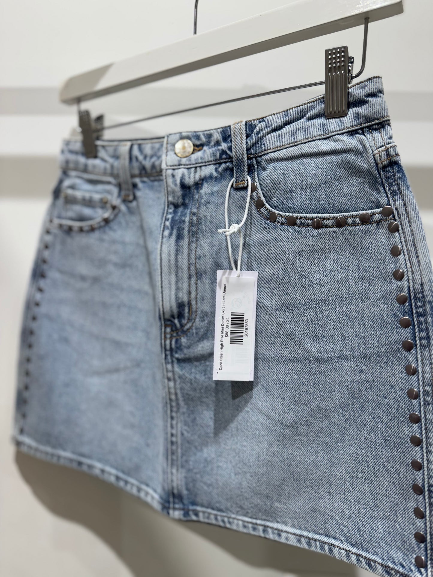 Daze Stash High Rise Mini Denim Skirt in Lets Dance