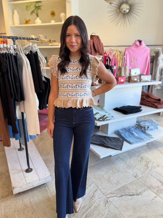 Poteet Jacquard Ruffle Knit Sweater in Light Taupe
