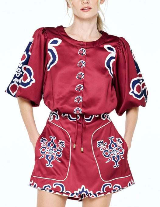 Ciebon Engineer Print Bubble Sleeve Top & Skort Set in Wine Multi