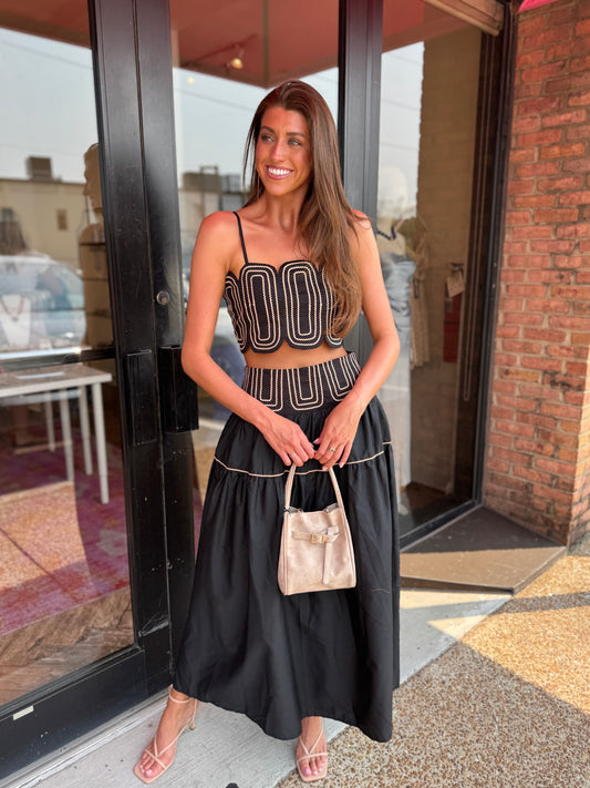 Posie Contrast Stitch Top & Skirt Set in Black Taupe