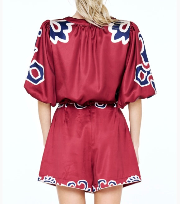 Ciebon Engineer Print Bubble Sleeve Top & Skort Set in Wine Multi