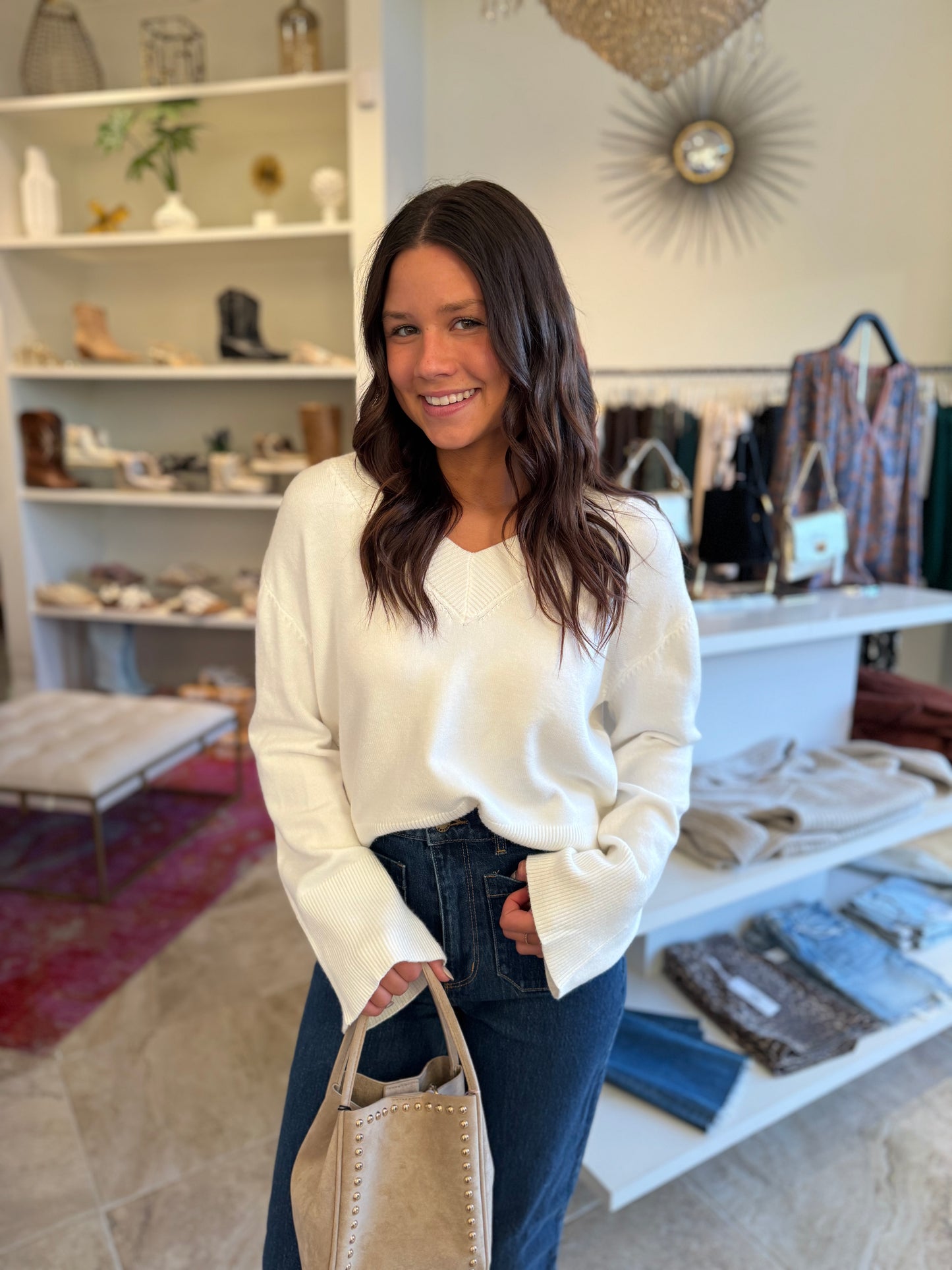 Deluc Asclepias V Neck Sweater in Ecru