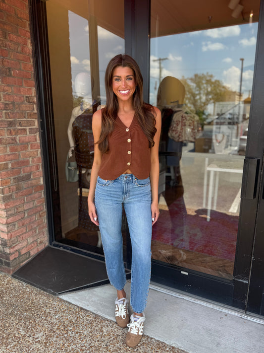 French Connection Mozart Vneck Rib Vest in Chestnut Brown