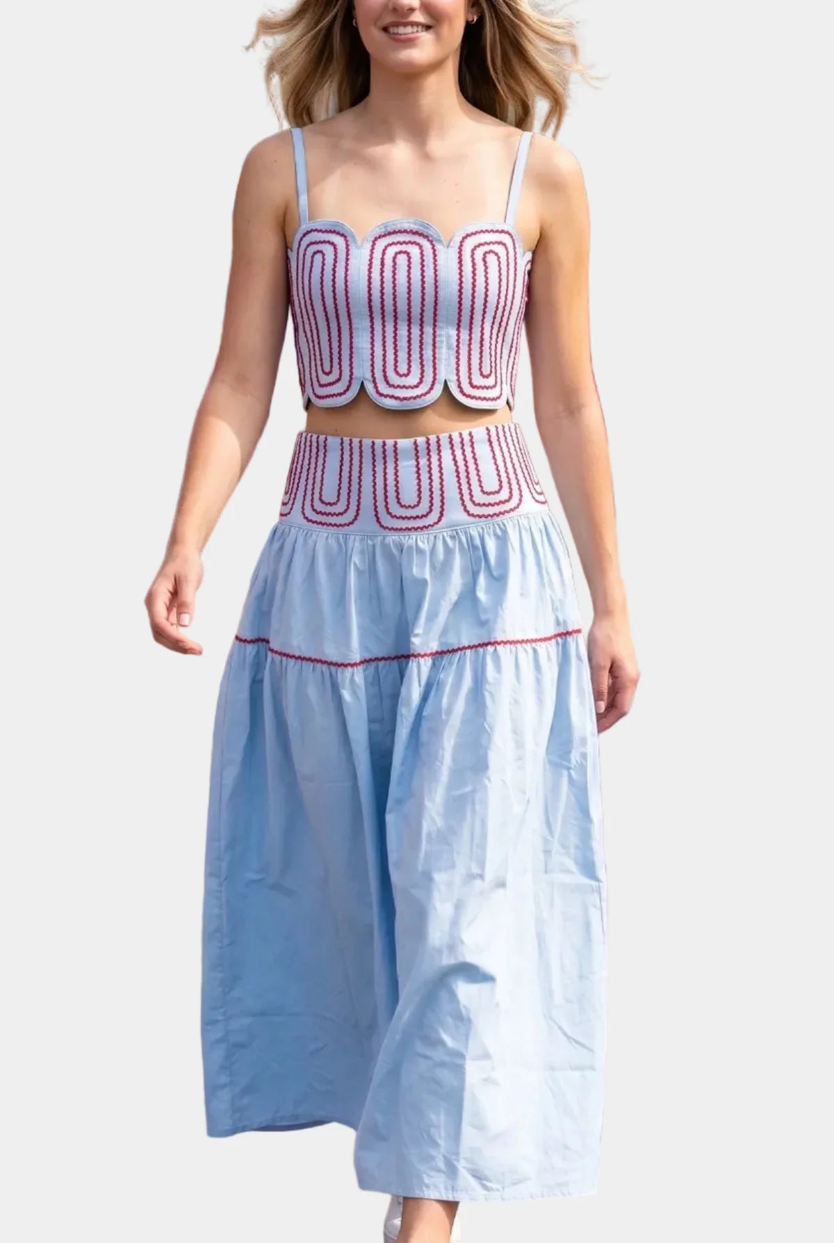 Posie Contrast Stitch Top & Skirt Set in Light Blue Red