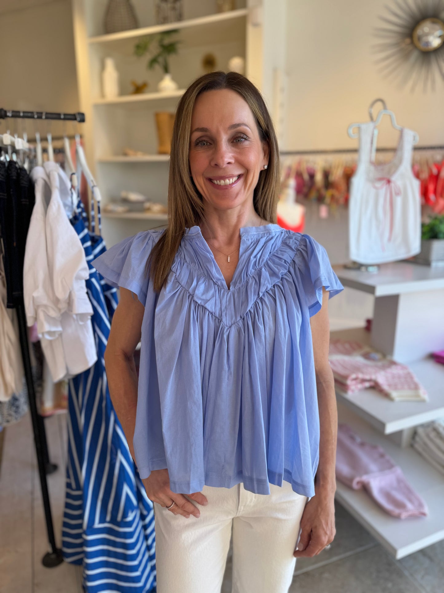 Phoebe Flutter Sleeve Blouse in Light Blue