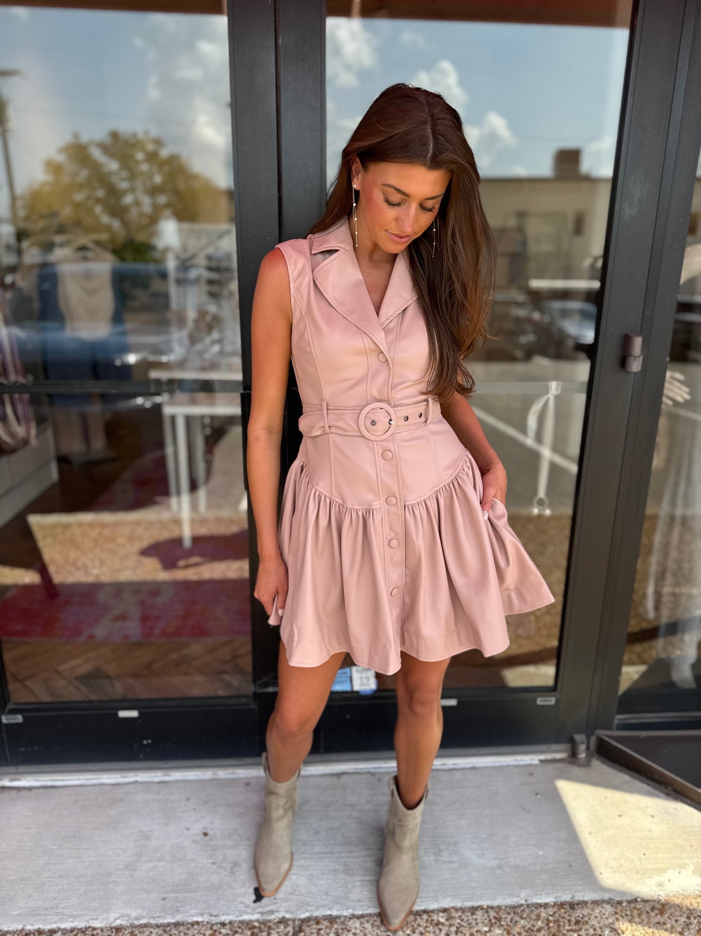 Tucker Faux Leather Belted Dress in Dusty Pink