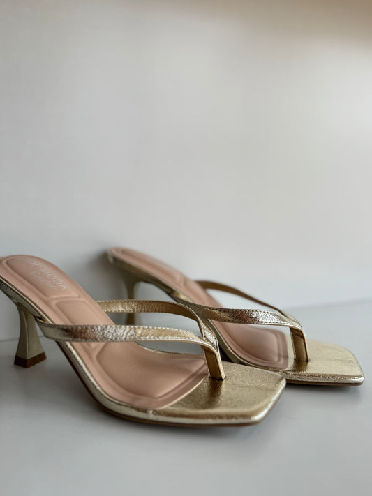 Sabrina Square Toe Thong Kitten Heel in Gold