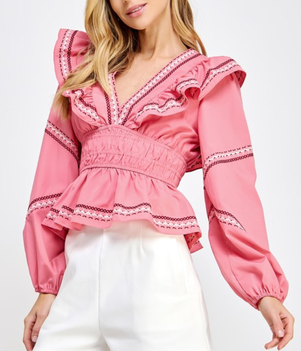 Camille Embrodiery Ruffled Long Sleeve Blouse