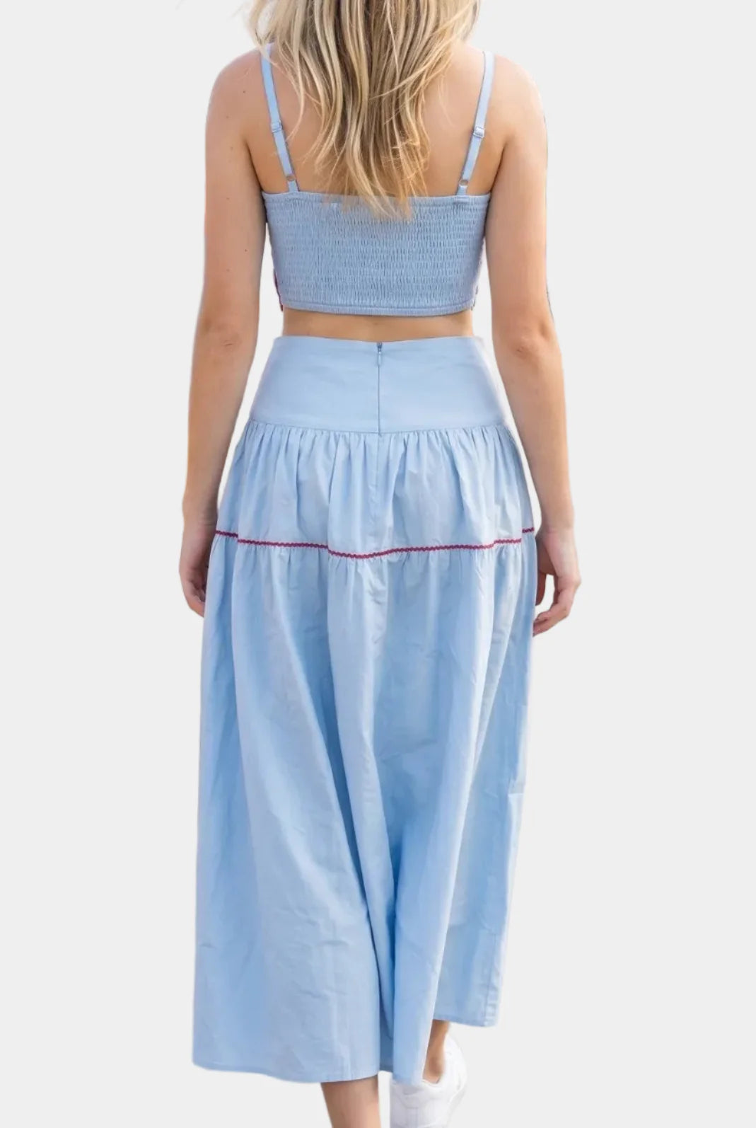 Posie Contrast Stitch Top & Skirt Set in Light Blue Red