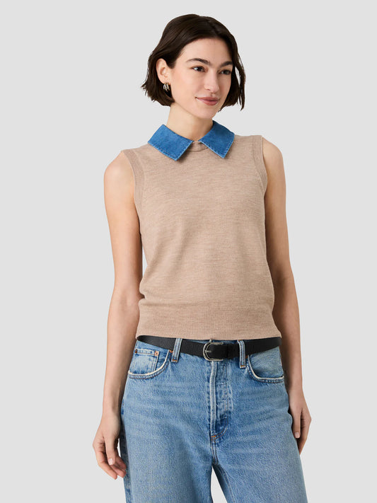 French Connection Babysoft Collared Knit Vest in Taupe Sky Blue Vintage