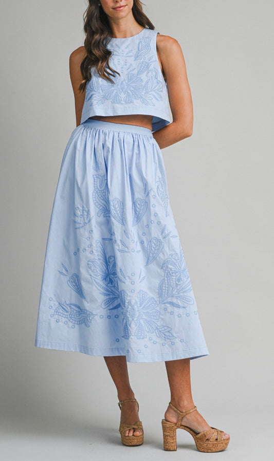 Hampton Embroidered Top & Midi Skirt Set in Blue