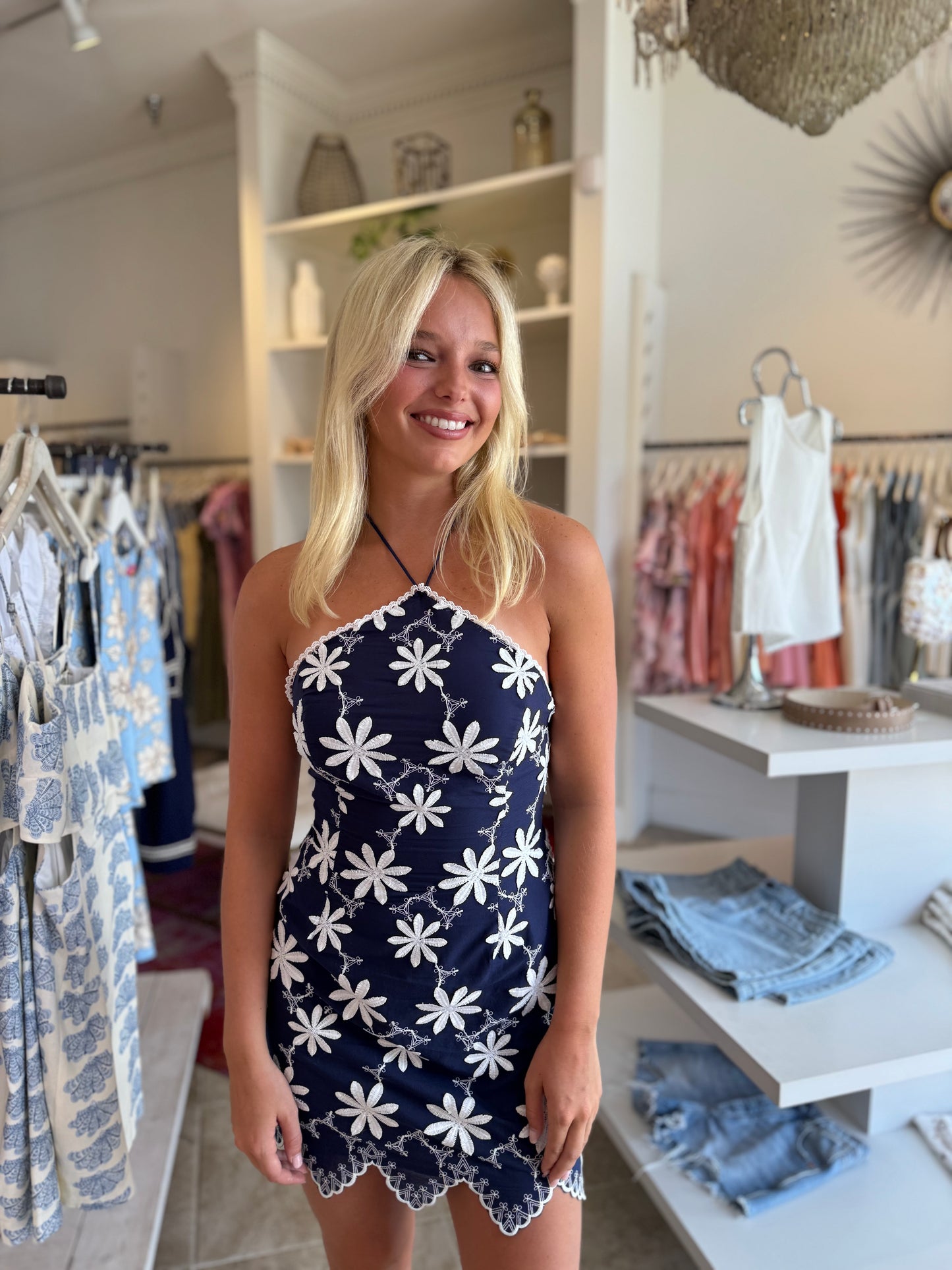 Blythe Embroidered Scallop Halter Neck Dress in Navy