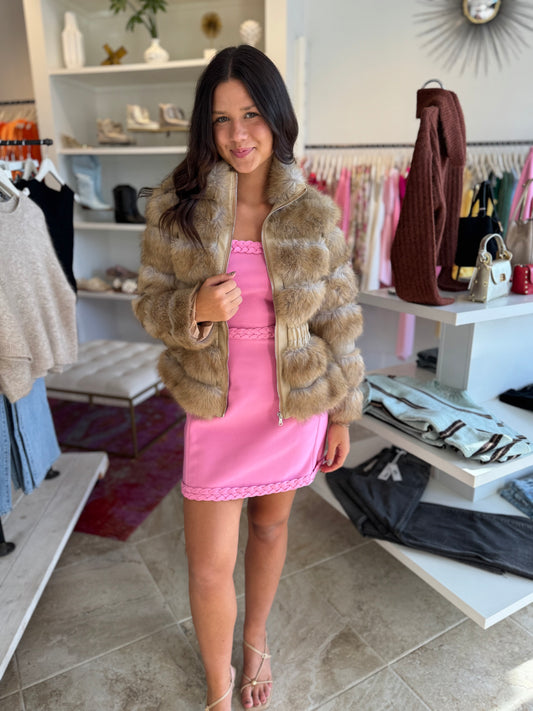 Elliatt Aisling Faux Fur & Leather Jacket in Taupe