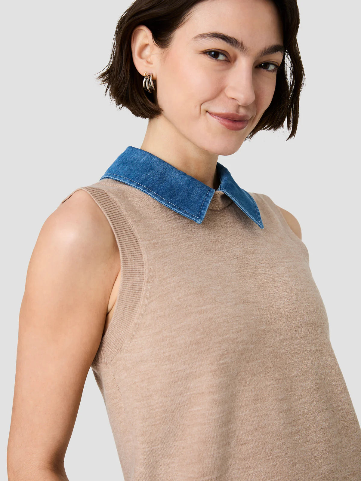 French Connection Babysoft Collared Knit Vest in Taupe Sky Blue Vintage