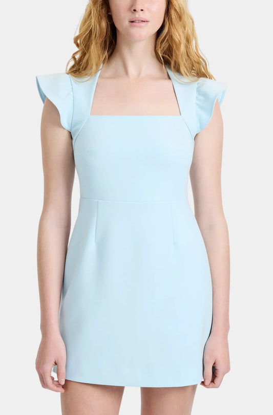 French Connection Whisper Square Neck Flutter Sleeve Dress in Light Dream Blue