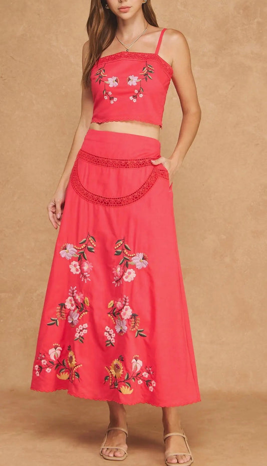 Pierce Embrodiered Top & Midi Skirt Set in Red