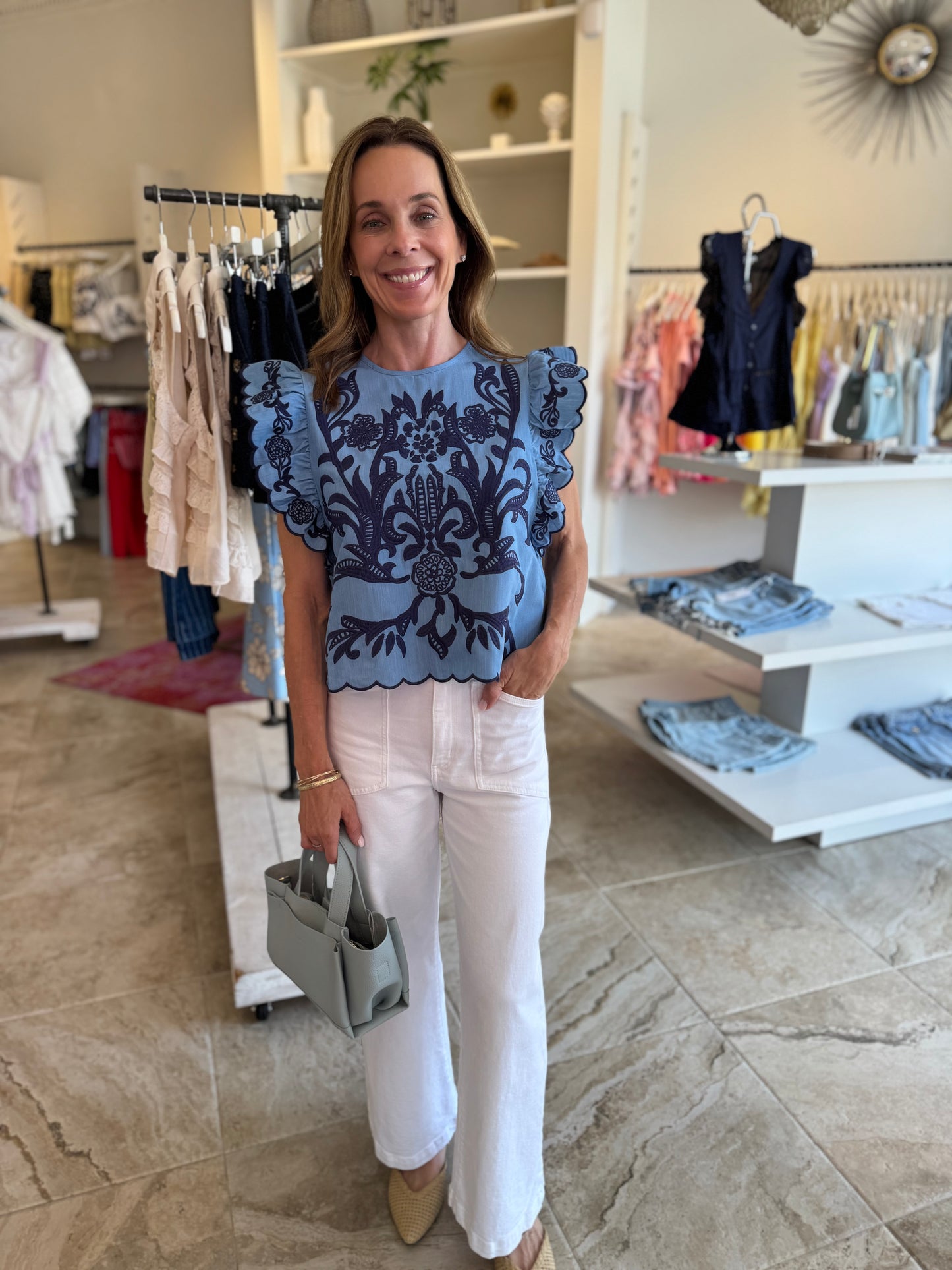 Jayme Ruffle Sleeve Embroidered Top in Blue