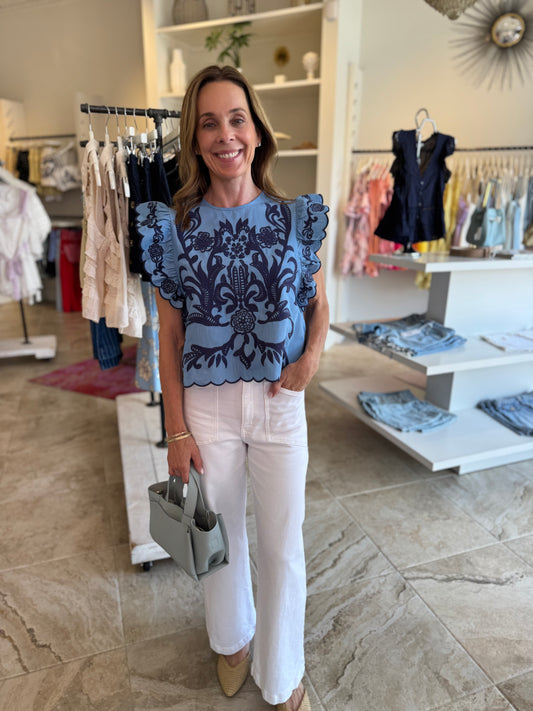 Jayme Ruffle Sleeve Embroidered Top in Blue