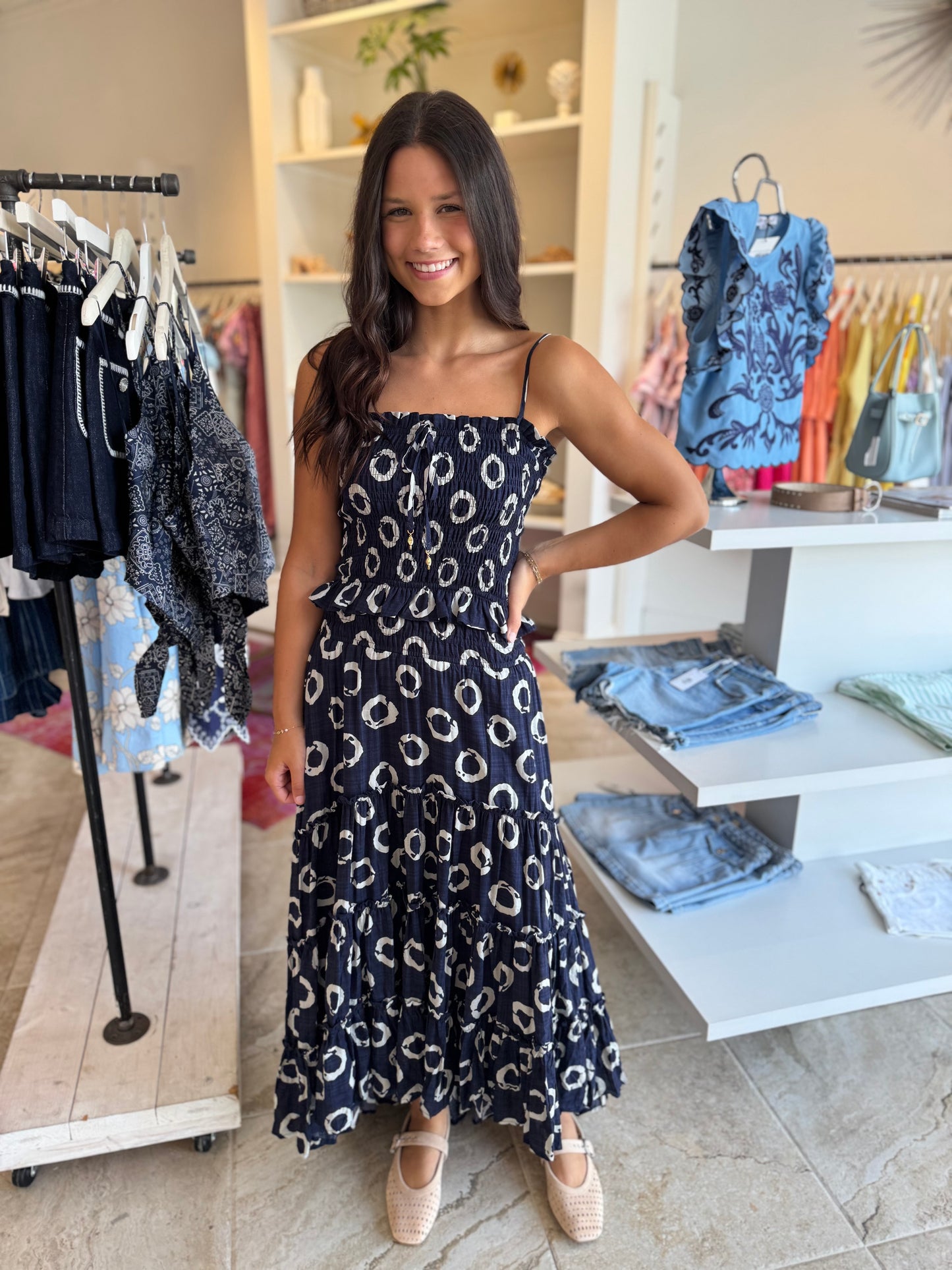Lamar Print Tank Top & Midi Skirt Set in Navy
