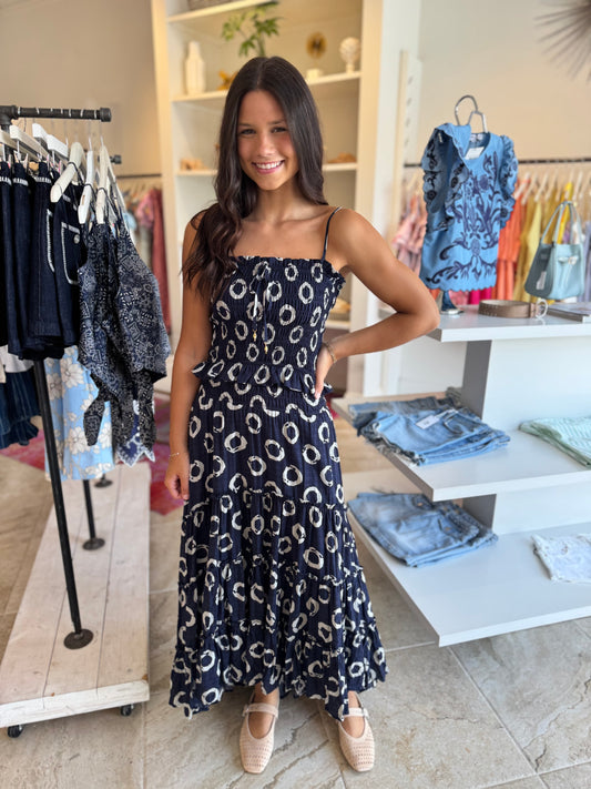 Lamar Print Tank Top & Midi Skirt Set in Navy