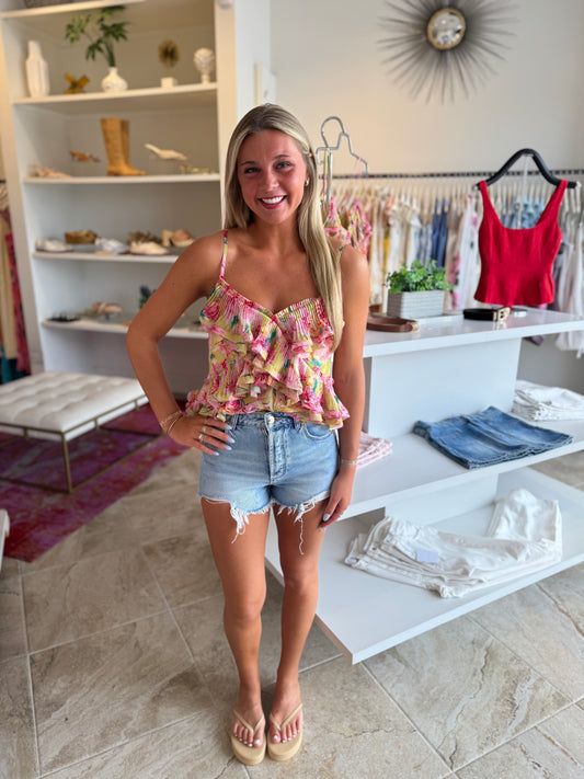 En Saison Eva Pleat Ruffle Cami Tank in Yellow Fuchsia